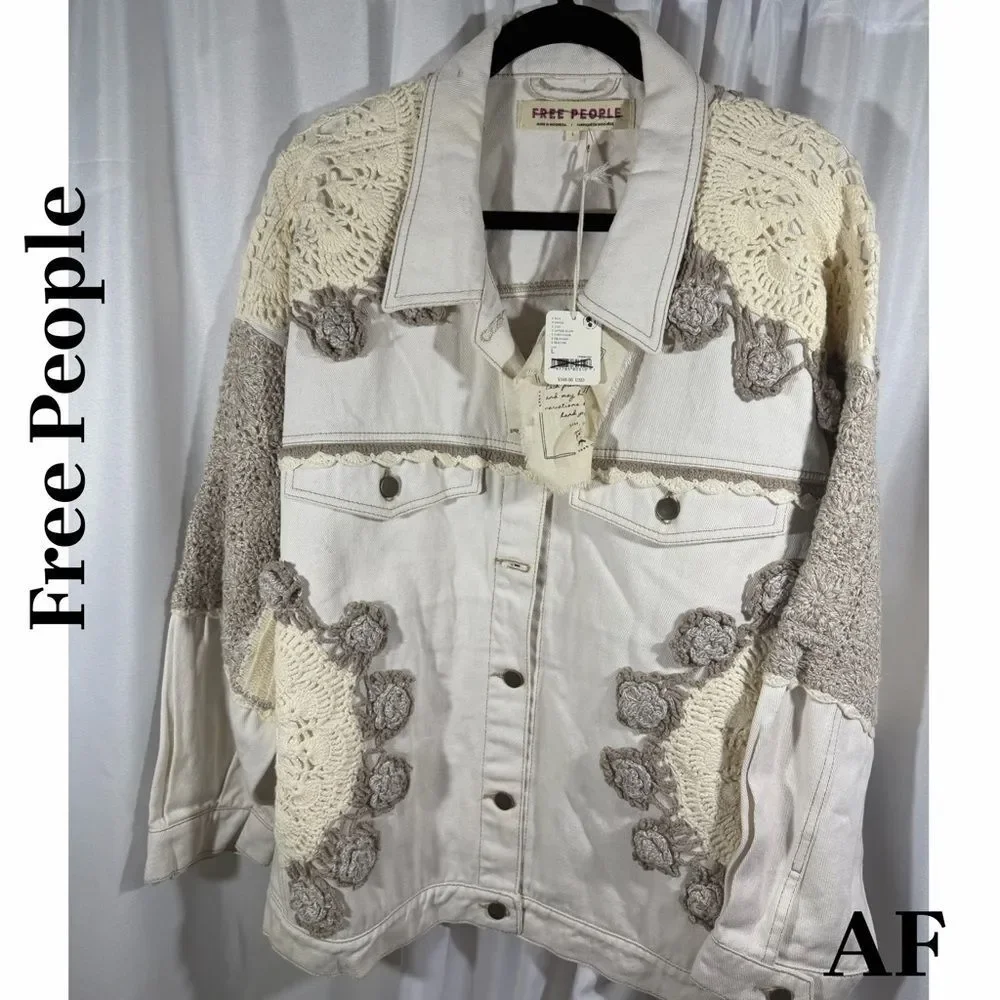 Free People Bali Rare Dainty Dolly Hearts Crochet Women's Denim Jacket Large NWT - Picture 5 of 7